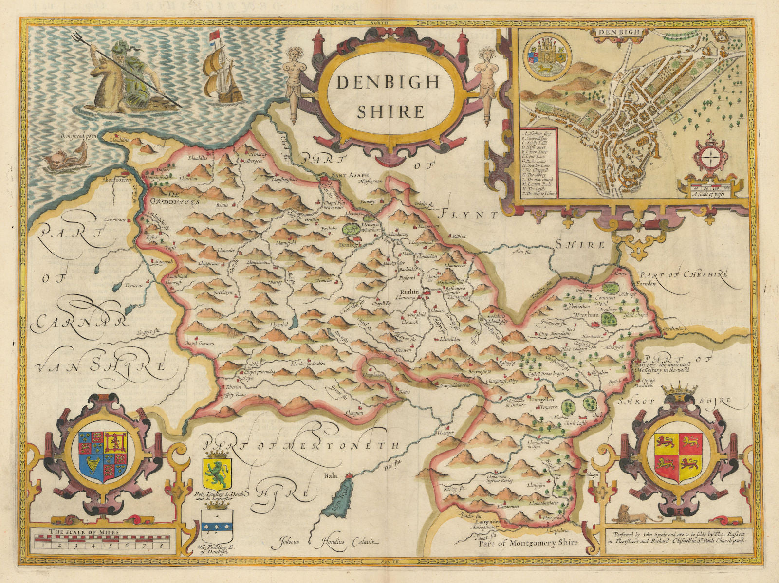 Denbighshire county map by John Speed. Bassett & Chiswell edition 1676 old